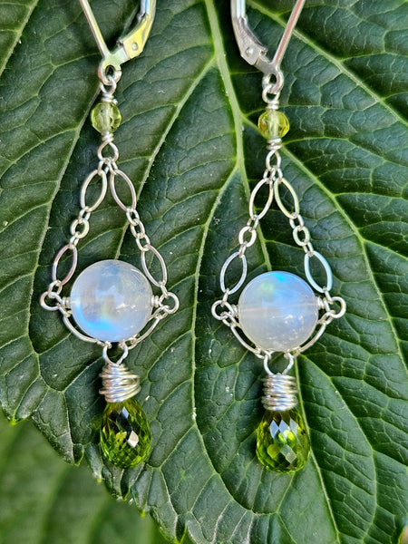 One of a Kind Peridot & Rainbow Moonstone Earrings