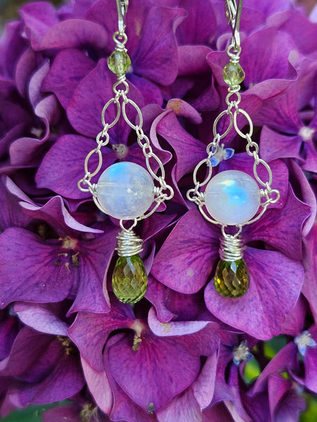 One of a Kind Peridot & Rainbow Moonstone Earrings
