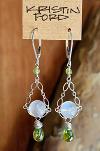 One of a Kind Peridot & Rainbow Moonstone Earrings