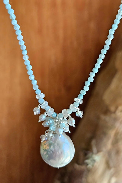 One of a Kind Platinum Baroque Pearl, Larimar & Labradorite Necklace
