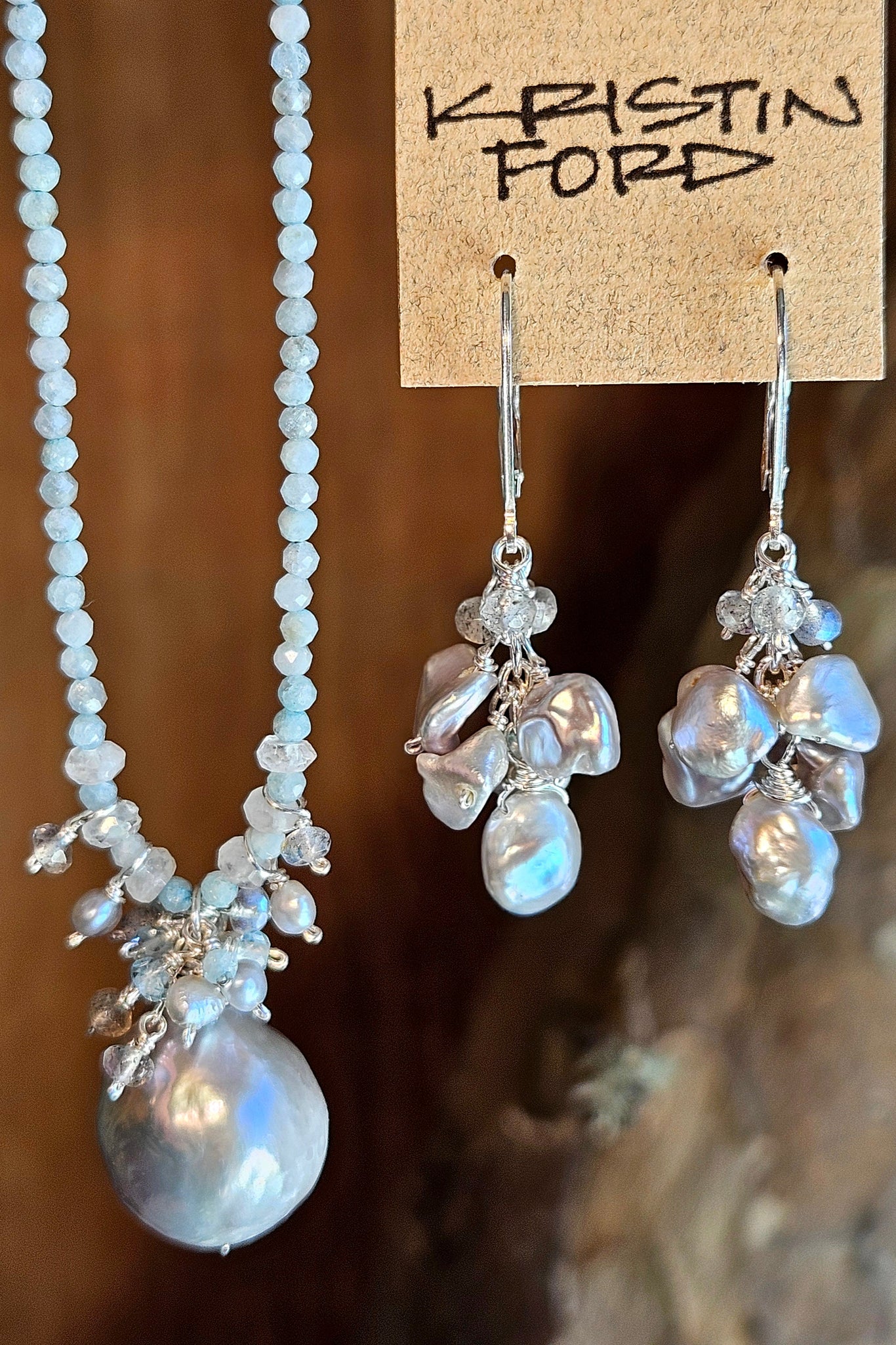 One of a Kind Platinum Baroque Pearl, Larimar & Labradorite Necklace