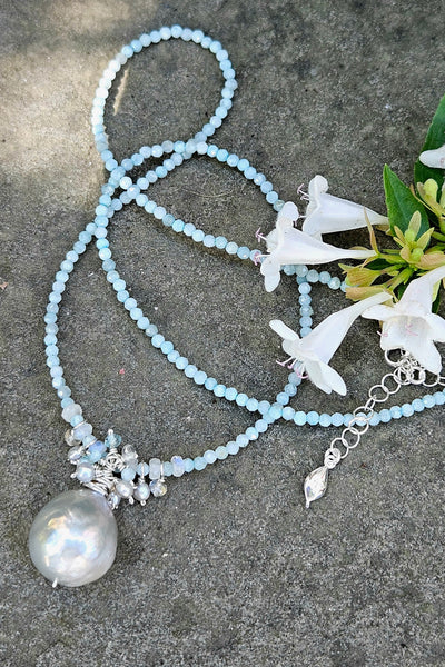 One of a Kind Platinum Baroque Pearl, Larimar & Labradorite Necklace