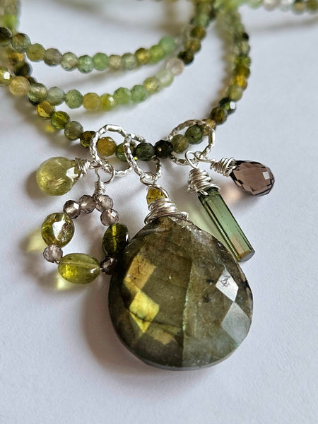 Green Tourmaline, Labradorite, Smoky Quartz & Grossular Garnet Necklace  NBK4225
