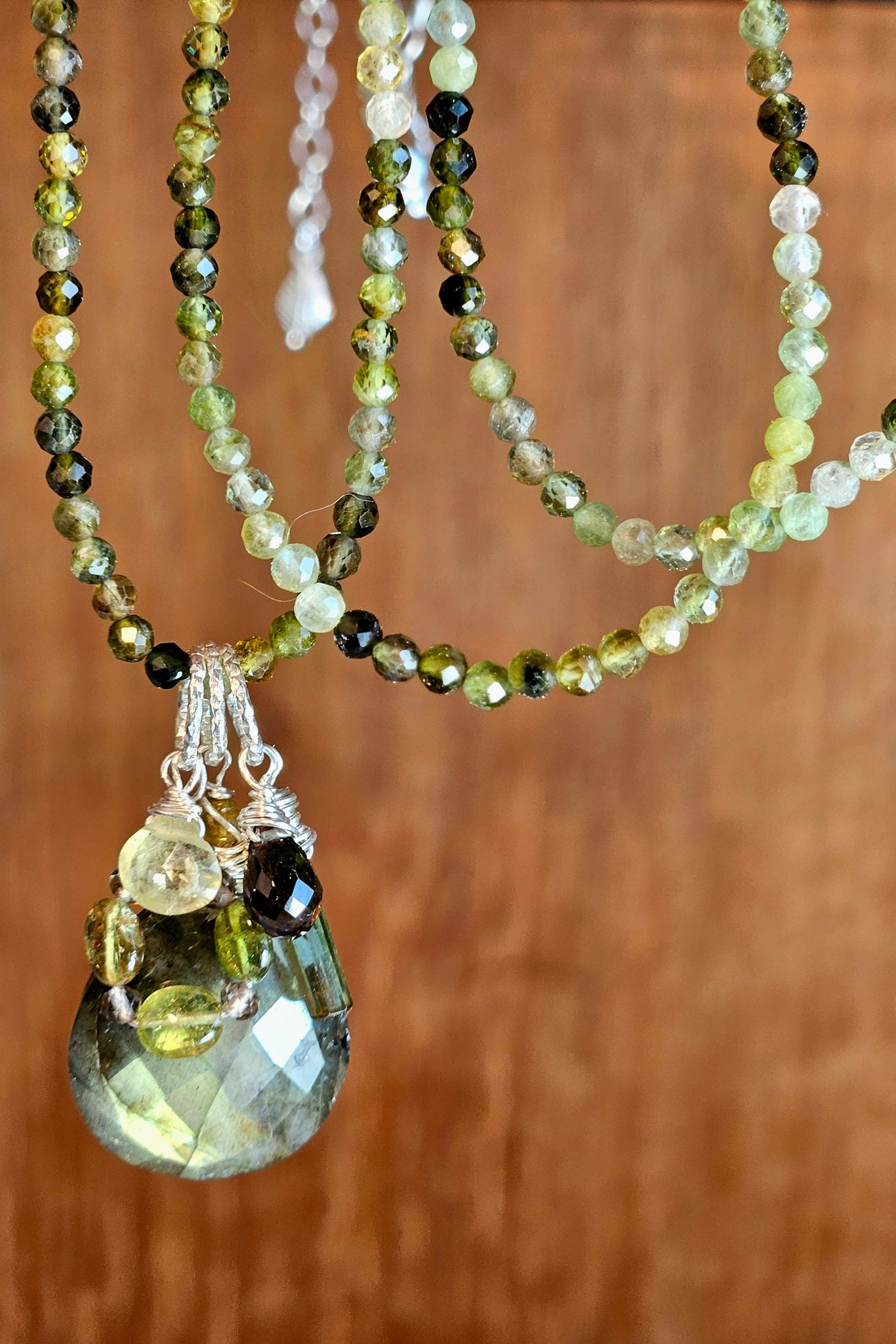 Green Tourmaline, Labradorite, Smoky Quartz & Grossular Garnet Necklace  NBK4225