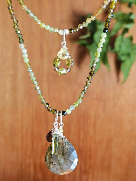 Green Tourmaline, Labradorite, Smoky Quartz & Grossular Garnet Necklace  NBK4225