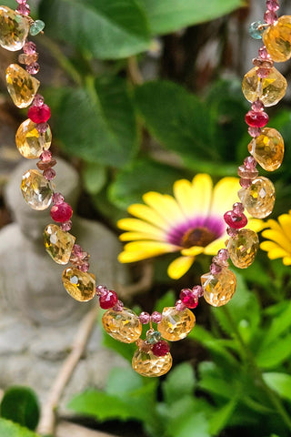 One of a Kind Citrine, Rhodolite, Ruby, Andalusite & Emerald Necklace