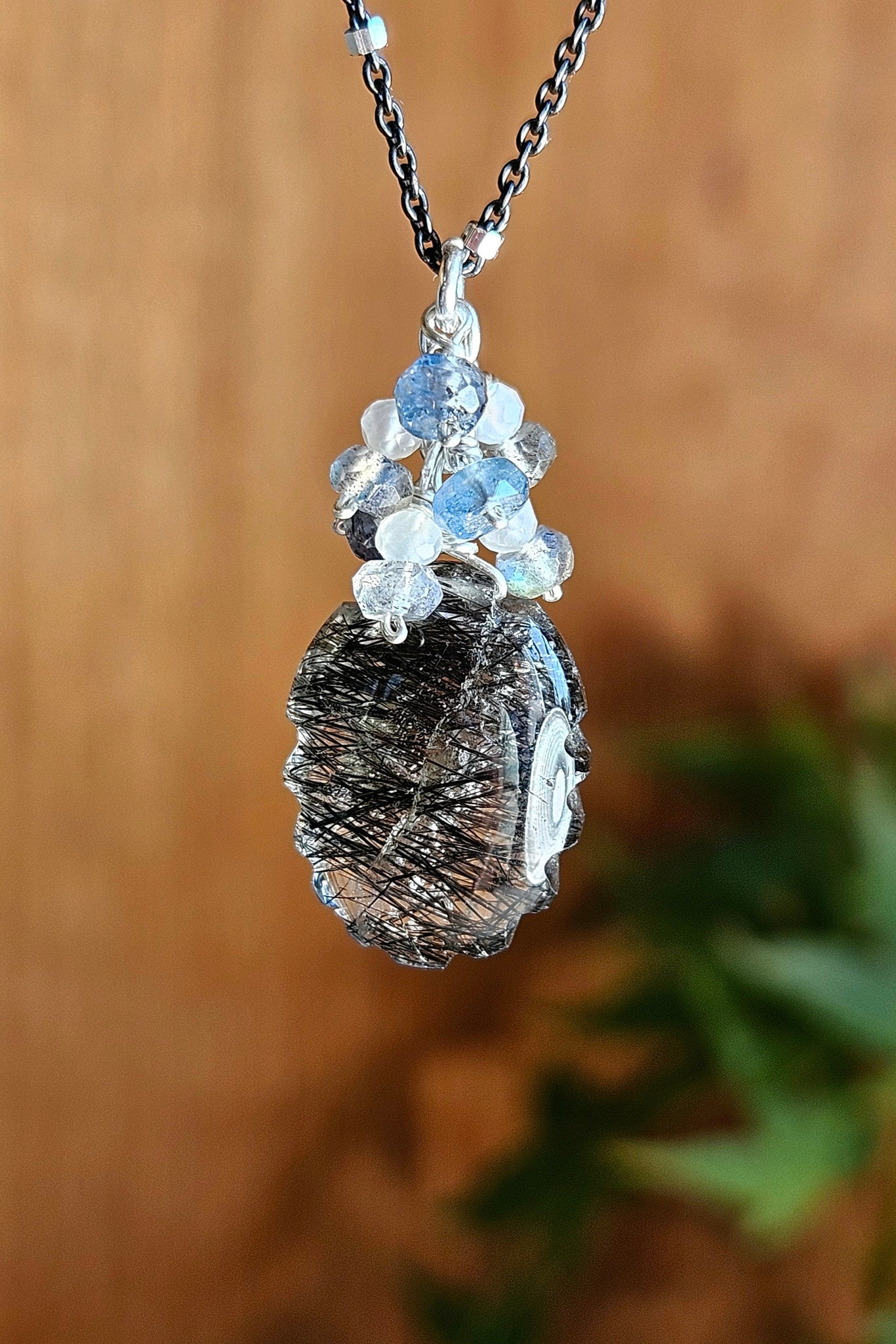 Carved Black Tourmalinated Quartz Necklace   NBK4425