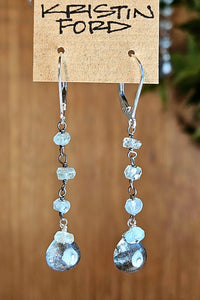 black and blue aquamarine earrings on sterling silver lever back clasps.
