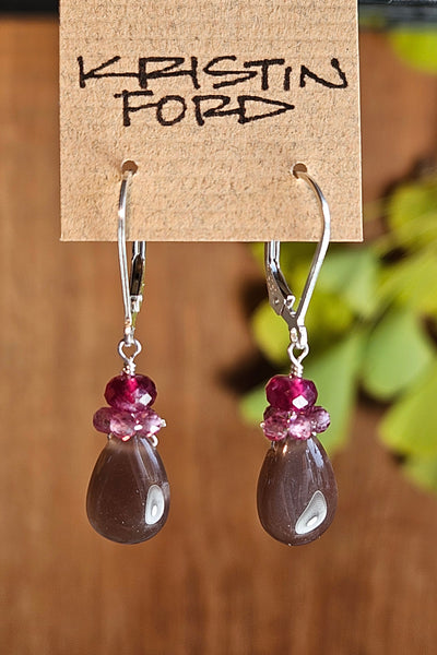 Chocolate "Mocha" Moonstone, Ruby & Rhodolite Earrings  EBR3425