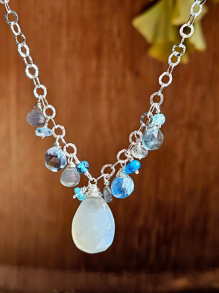 One of a Kind Silver Moonstone, Indigo Kyanite, Topaz, Apatite, Slate Blue Quartz & Labradorite Necklace