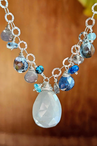 One of a Kind Silver Moonstone, Indigo Kyanite, Topaz, Apatite, Slate Blue Quartz & Labradorite Necklace