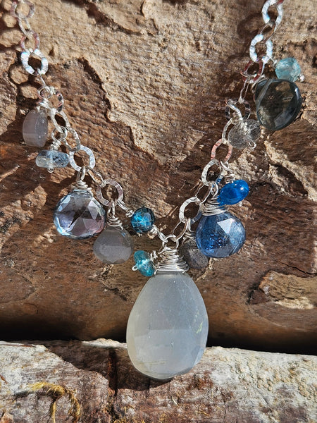 One of a Kind Silver Moonstone, Indigo Kyanite, Topaz, Apatite, Slate Blue Quartz & Labradorite Necklace