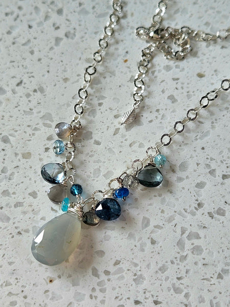 One of a Kind Silver Moonstone, Indigo Kyanite, Topaz, Apatite, Slate Blue Quartz & Labradorite Necklace