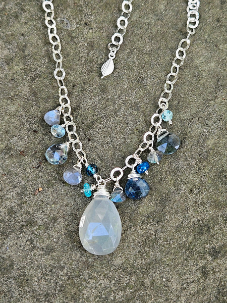One of a Kind Silver Moonstone, Indigo Kyanite, Topaz, Apatite, Slate Blue Quartz & Labradorite Necklace