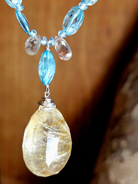 One of a Kind Golden Rutilated Quartz, Ocean Blue Kyanite & Apatite Necklace + Earring Set
