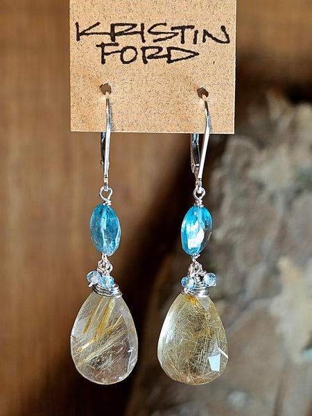 One of a Kind Golden Rutilated Quartz, Ocean Blue Kyanite & Apatite Necklace + Earring Set