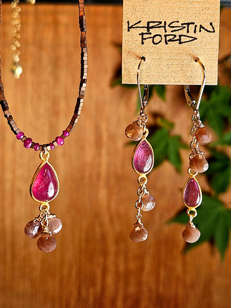 GF) Ruby, Chocolate "Mocha" Moonstone & Copper Hematite Necklace  NWH4625G