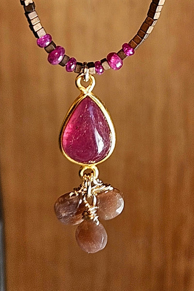 GF) Ruby, Chocolate "Mocha" Moonstone & Copper Hematite Necklace  NWH4625G
