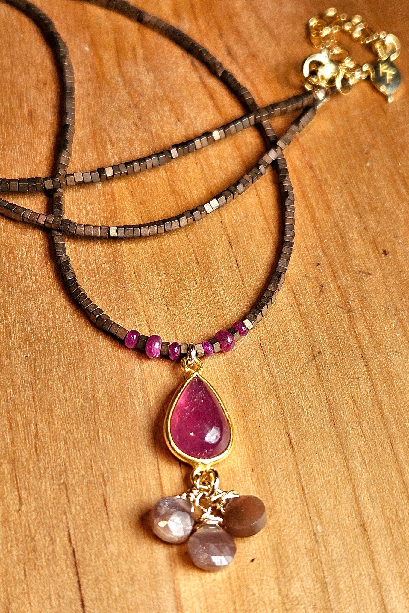 GF) Ruby, Chocolate "Mocha" Moonstone & Copper Hematite Necklace  NWH4625G