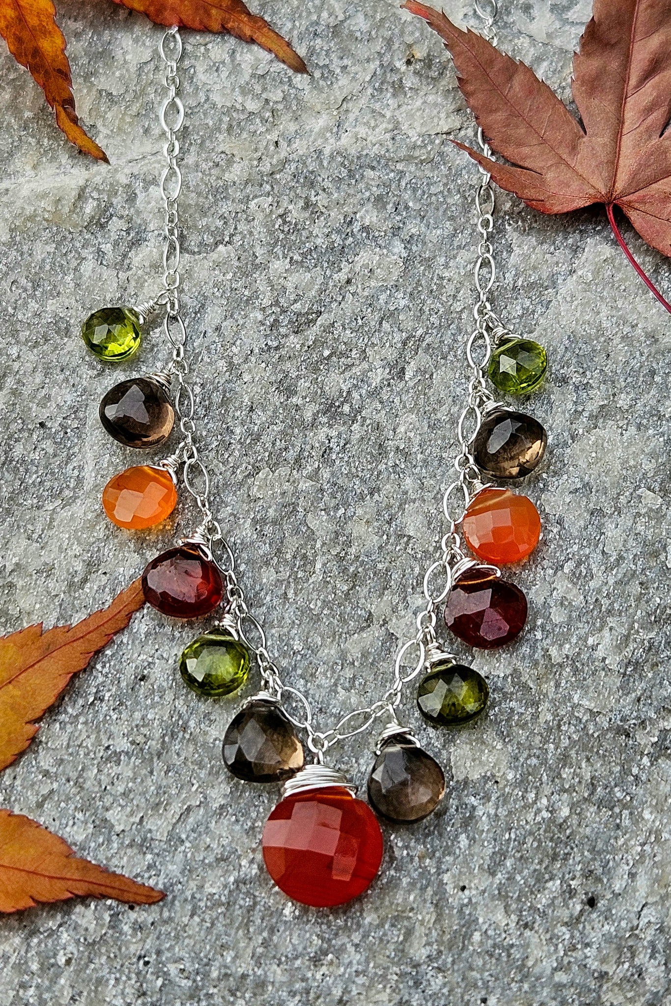 One of a Kind Carnelian, Smoky Quartz, Hessonite, Peridot & Vesuvianite Necklace