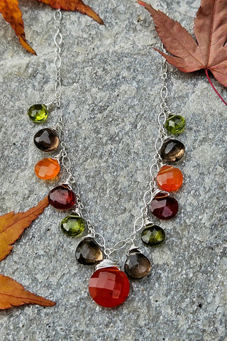 One of a Kind Carnelian, Smoky Quartz, Hessonite, Peridot & Vesuvianite Necklace