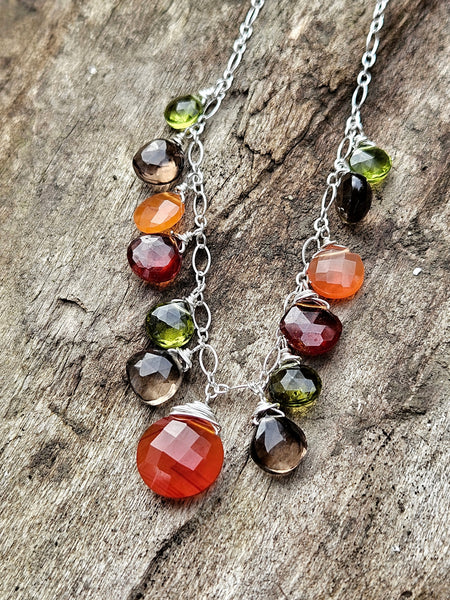 One of a Kind Carnelian, Smoky Quartz, Hessonite, Peridot & Vesuvianite Necklace