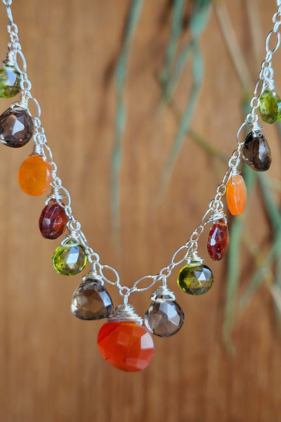 One of a Kind Carnelian, Smoky Quartz, Hessonite, Peridot & Vesuvianite Necklace