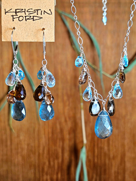 Moss Aquamarine, Smoky Quartz, Andalusite, Blue Topaz & Apatite Earrings EBL7725