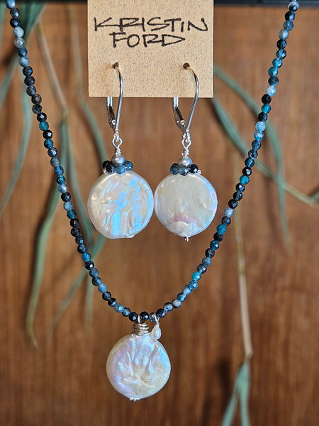 Coin Pearl & Blue (Indicolite) Tourmaline Earrings EWH5325