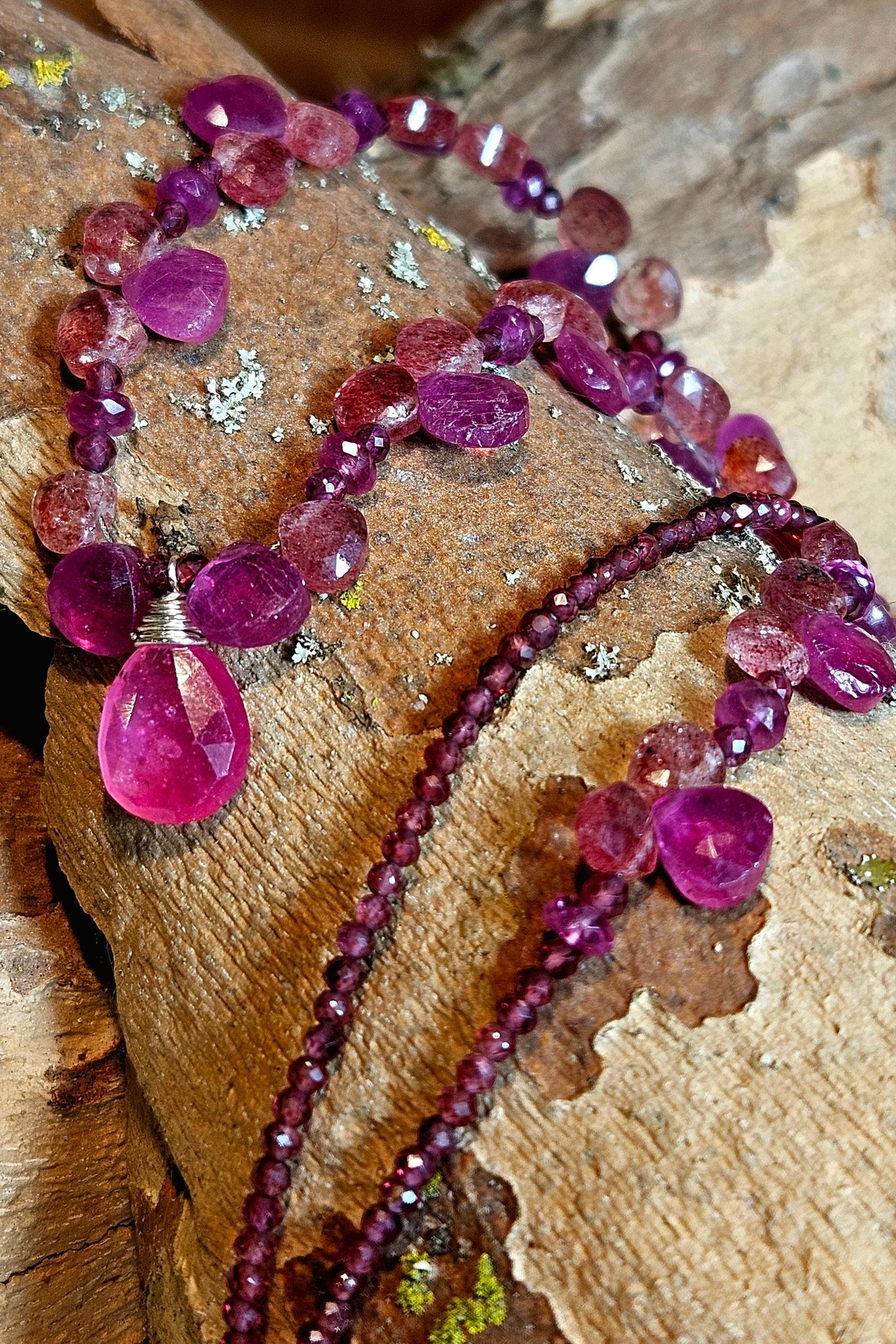 One of a Kind Ruby, Red & Rose Sapphire, Garnet & Strawberry Quartz Necklace