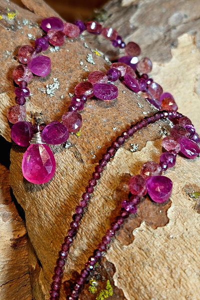 One of a Kind Ruby, Red & Rose Sapphire, Garnet & Strawberry Quartz Necklace