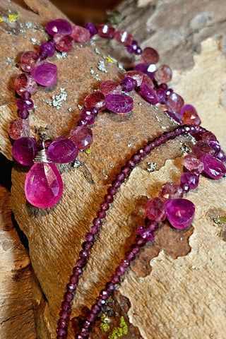 One of a Kind Ruby, Red & Rose Sapphire, Garnet & Strawberry Quartz Necklace