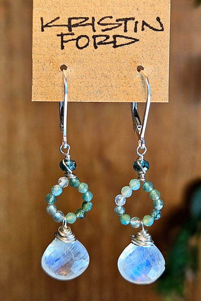 Rainbow Moonstone, Green Rutilated Quartz & Green Apatite Earrings  EWH0926