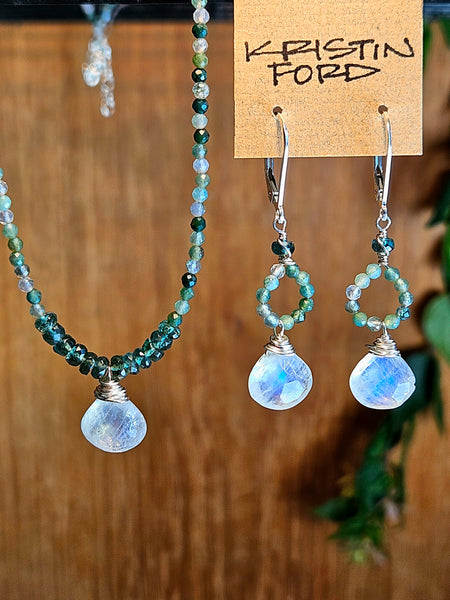 Rainbow Moonstone, Green Rutilated Quartz & Green Apatite Earrings  EWH0926