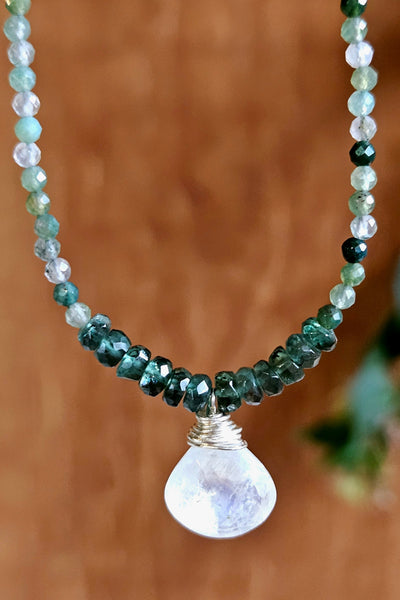 Rainbow Moonstone, Green Apatite & Green Rutilated Quartz Necklace  NWH0926
