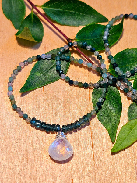 Rainbow Moonstone, Green Apatite & Green Rutilated Quartz Necklace  NWH0926