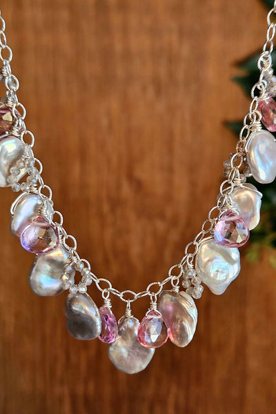 One of a KInd Silver Keishi Pearl, Pink Topaz & Labradorite Necklace