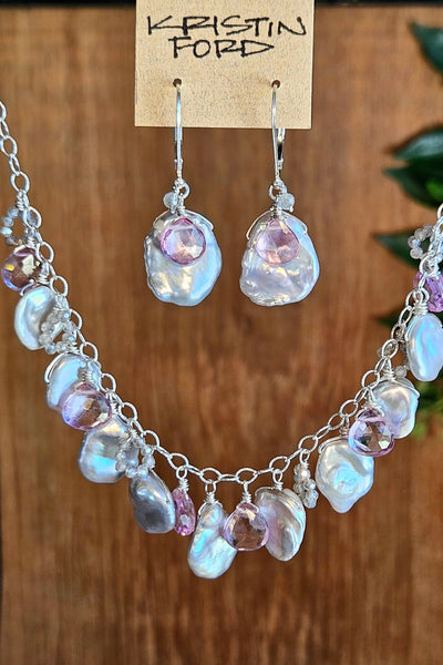 One of a KInd Silver Keishi Pearl, Pink Topaz & Labradorite Necklace
