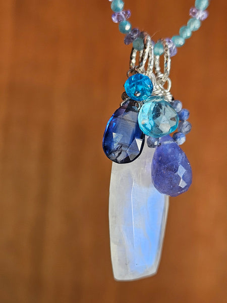One of a Kind Rainbow Moonstone, Tanzanite, Kyanite, Sapphire & Apatite Necklace