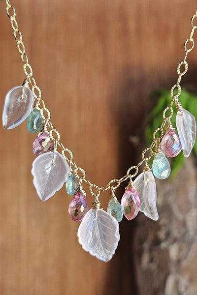 One of a Kind GF) Carved Rose Quartz, Green Kyanite & Pink Topaz Necklace