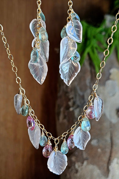 One of a Kind GF) Carved Rose Quartz, Green Kyanite & Pink Topaz Necklace
