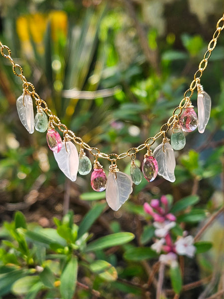 One of a Kind GF) Carved Rose Quartz, Green Kyanite & Pink Topaz Necklace