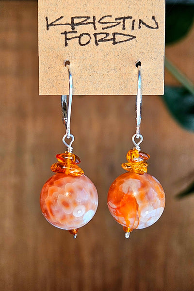 Fire Agate, Amber & Carnelian Earrings  ERD3826