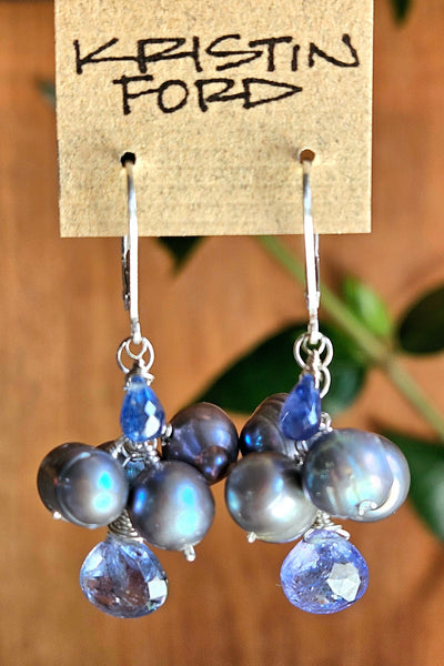 One of a  Kind Tanzanite, Sapphire & Pearl Earrings