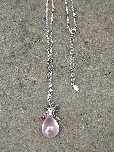 One of a Kind Rose Quartz, Emerald, Tsavorite, Pink Tourmaline & Pink Sapphire Necklace