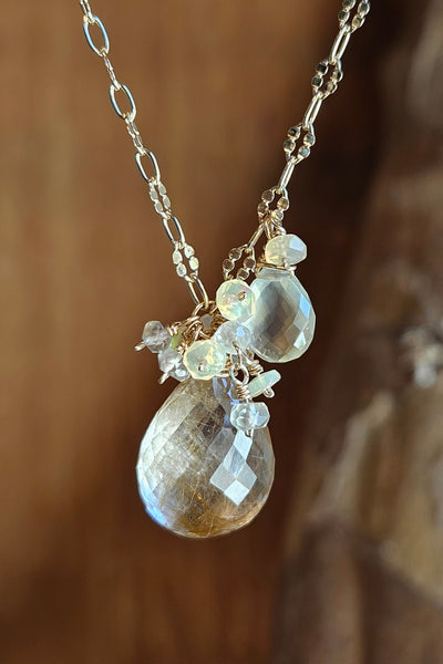 GF) One of a Kind Rutilated Quartz, Prehnite & Opal Necklace