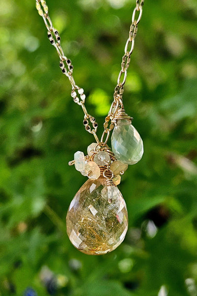 GF) One of a Kind Rutilated Quartz, Prehnite & Opal Necklace