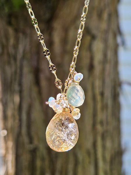 GF) One of a Kind Rutilated Quartz, Prehnite & Opal Necklace