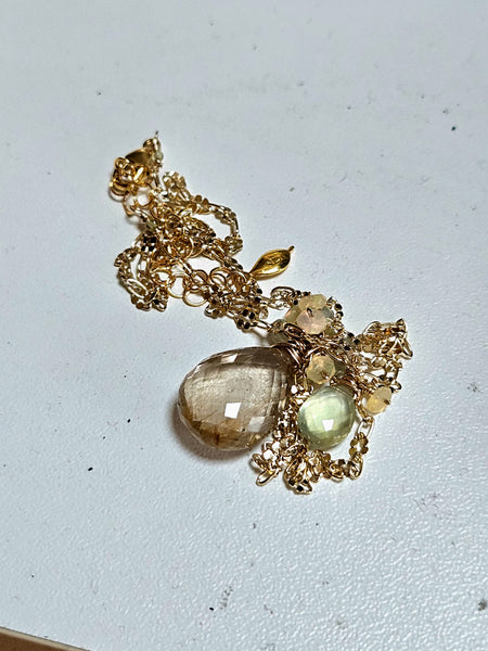 GF) One of a Kind Rutilated Quartz, Prehnite & Opal Necklace