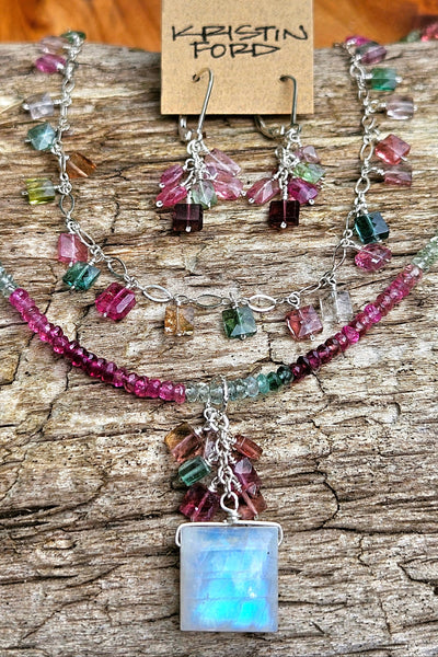One of a Kind Rainbow Moonstone & Multi Color Tourmaline Necklace